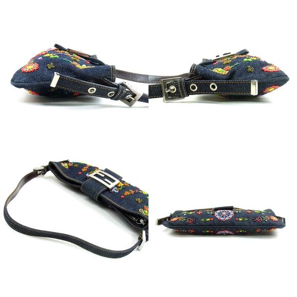 Authentic FENDI Mamma Denim Mini Baguette Floral Beaded Shoulder Bag Purse FF - Picture 3 of 7